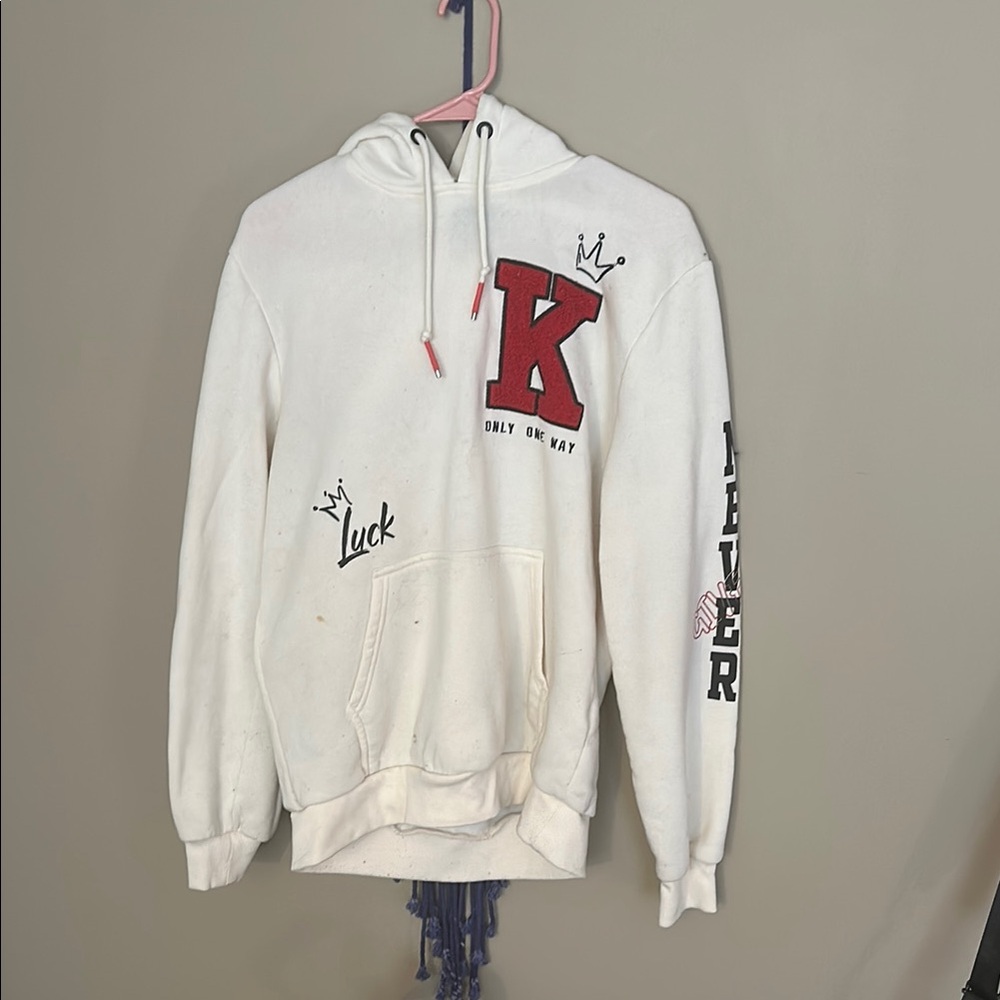 White Hoodie with Red and Black Lettering